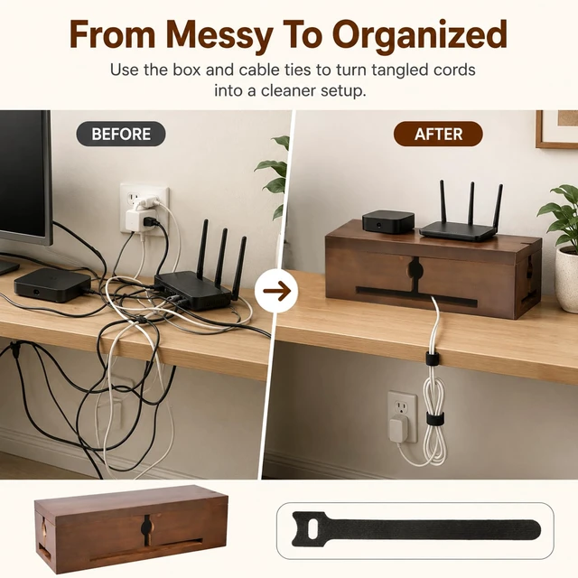 Alt view image 6 of 7 - Wood Cable Management Box for Power Strip, Solid Wood Cord Organizer Box with Lid, Wire Storage Box for Desk, Living Room, Office and Media Setup