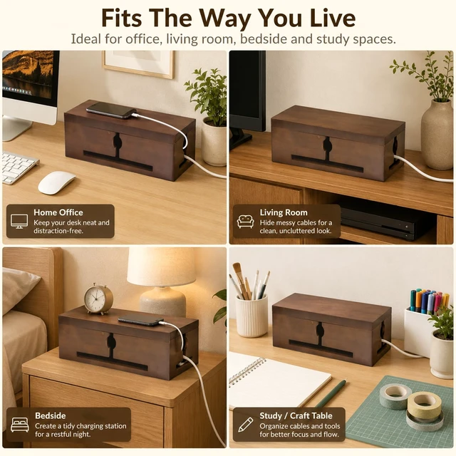 Alt view image 7 of 7 - Wood Cable Management Box for Power Strip, Solid Wood Cord Organizer Box with Lid, Wire Storage Box for Desk, Living Room, Office and Media Setup