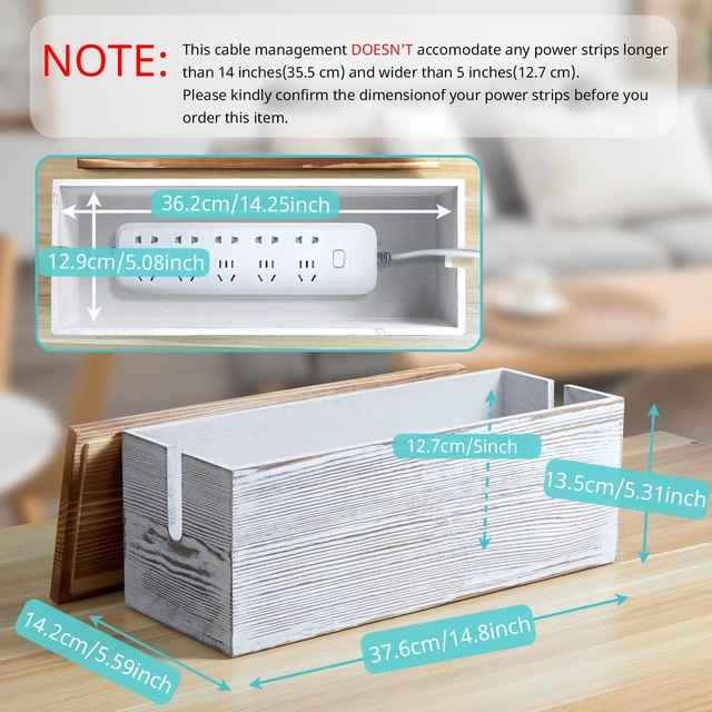 Alt view image 2 of 7 - Large Cable Management Box, White Washed Wood Cord Organizer Box for Desk, Floor, Office to Hide Extension Cords Power Stripes Surge Protectors Chargers Wires