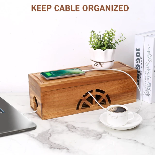 Alt view image 2 of 7 - Wood Cable Management Box - 15.8" (L) x 6" (W) 5.5" (H) Acacia Wood Cable Hider Box, Cord Hider with Magnet Design & Outlet Hole, Power Strip Surge Protect & Organizer for Home Office Kitchen TV Wires