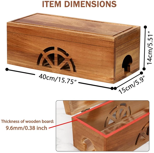 Alt view image 4 of 7 - Wood Cable Management Box - 15.8" (L) x 6" (W) 5.5" (H) Acacia Wood Cable Hider Box, Cord Hider with Magnet Design & Outlet Hole, Power Strip Surge Protect & Organizer for Home Office Kitchen TV Wires