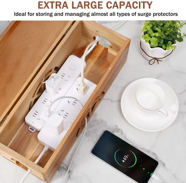 Alt view image 5 of 7 - Wood Cable Management Box - 15.8" (L) x 6" (W) 5.5" (H) Acacia Wood Cable Hider Box, Cord Hider with Magnet Design & Outlet Hole, Power Strip Surge Protect & Organizer for Home Office Kitchen TV Wires