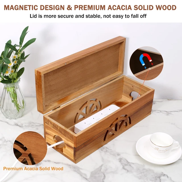 Alt view image 6 of 7 - Wood Cable Management Box - 15.8" (L) x 6" (W) 5.5" (H) Acacia Wood Cable Hider Box, Cord Hider with Magnet Design & Outlet Hole, Power Strip Surge Protect & Organizer for Home Office Kitchen TV Wires