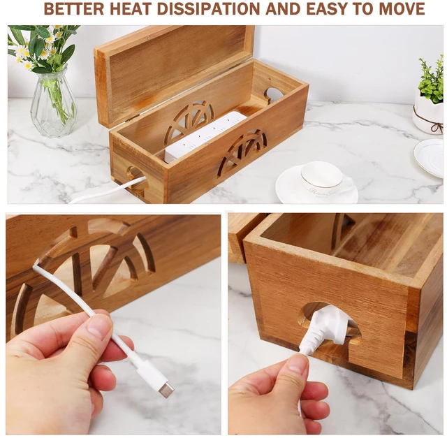 Alt view image 7 of 7 - Wood Cable Management Box - 15.8" (L) x 6" (W) 5.5" (H) Acacia Wood Cable Hider Box, Cord Hider with Magnet Design & Outlet Hole, Power Strip Surge Protect & Organizer for Home Office Kitchen TV Wires