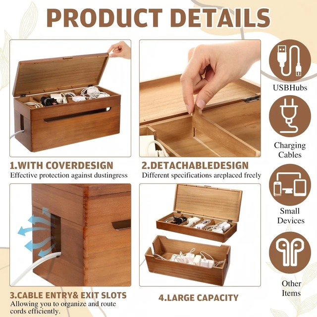 Alt view image 3 of 6 - Wood Double Layer Cable Management Box 15.75 x 6.57 x 6.7 Inches | Large Cord Hider Box with Lid, Power Strip Cable Organizer Box for Desk TV Stand Home Office