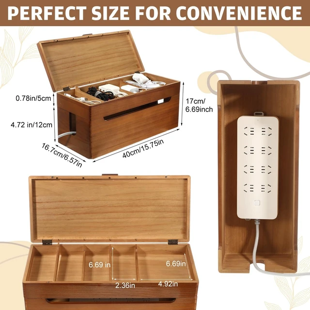 Alt view image 2 of 6 - Wood Double Layer Cable Management Box 15.75 x 6.57 x 6.7 Inches | Large Cord Hider Box with Lid, Power Strip Cable Organizer Box for Desk TV Stand Home Office