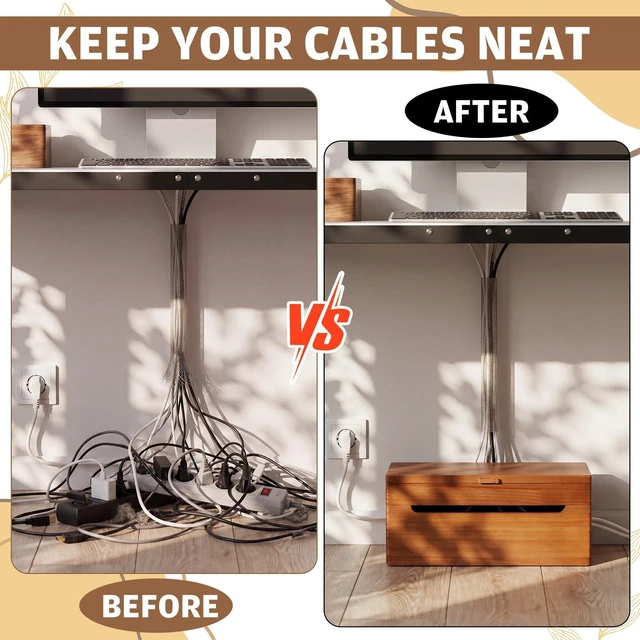 Alt view image 4 of 6 - Wood Double Layer Cable Management Box 15.75 x 6.57 x 6.7 Inches | Large Cord Hider Box with Lid, Power Strip Cable Organizer Box for Desk TV Stand Home Office