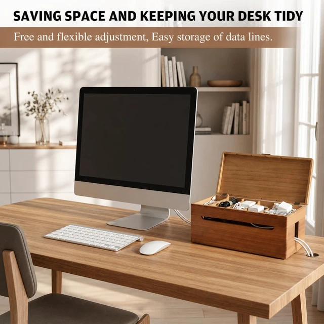 Alt view image 5 of 6 - Wood Double Layer Cable Management Box 15.75 x 6.57 x 6.7 Inches | Large Cord Hider Box with Lid, Power Strip Cable Organizer Box for Desk TV Stand Home Office