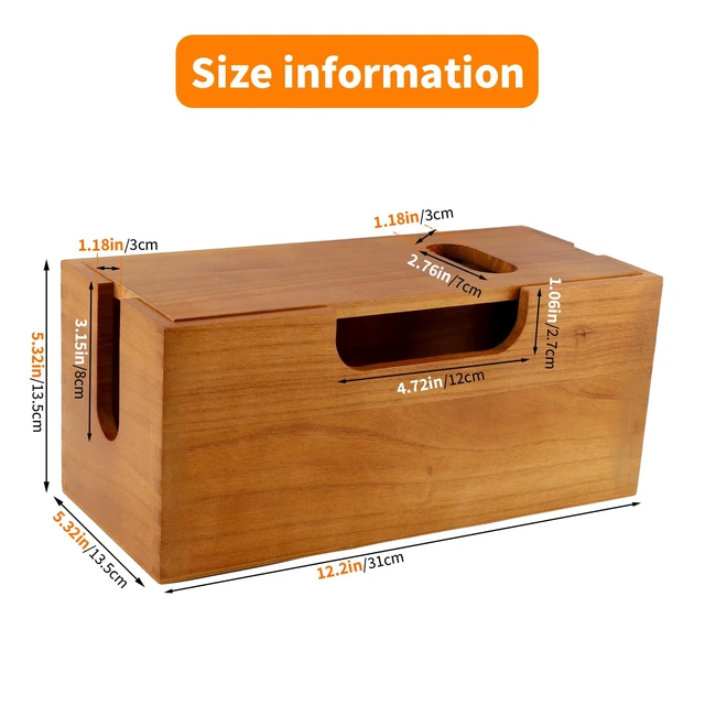 Alt view image 2 of 7 - Wood Cable Management Box, Acacia Wood Cord Organizer | Cable Storage Box with Magnetic Lid, Large Power Strip Holder for Desk, Floor and TV Wire Storage Home Office