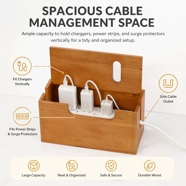 Alt view image 3 of 7 - Wood Cable Management Box, Acacia Wood Cord Organizer | Cable Storage Box with Magnetic Lid, Large Power Strip Holder for Desk, Floor and TV Wire Storage Home Office