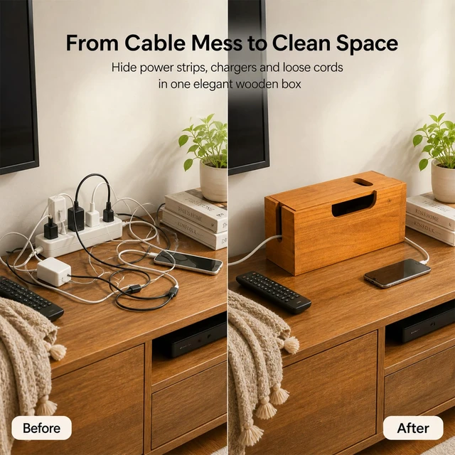 Alt view image 4 of 7 - Wood Cable Management Box, Acacia Wood Cord Organizer | Cable Storage Box with Magnetic Lid, Large Power Strip Holder for Desk, Floor and TV Wire Storage Home Office