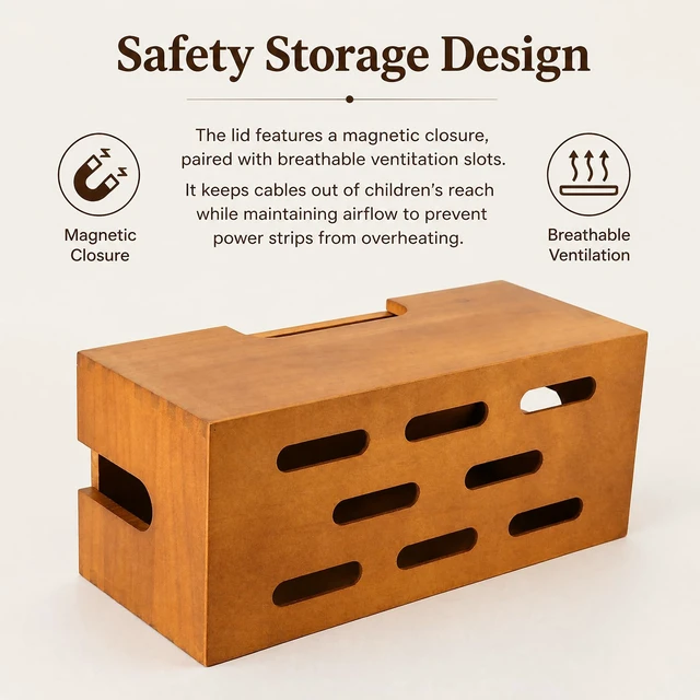 Alt view image 5 of 7 - Wood Cable Management Box, Acacia Wood Cord Organizer | Cable Storage Box with Magnetic Lid, Large Power Strip Holder for Desk, Floor and TV Wire Storage Home Office