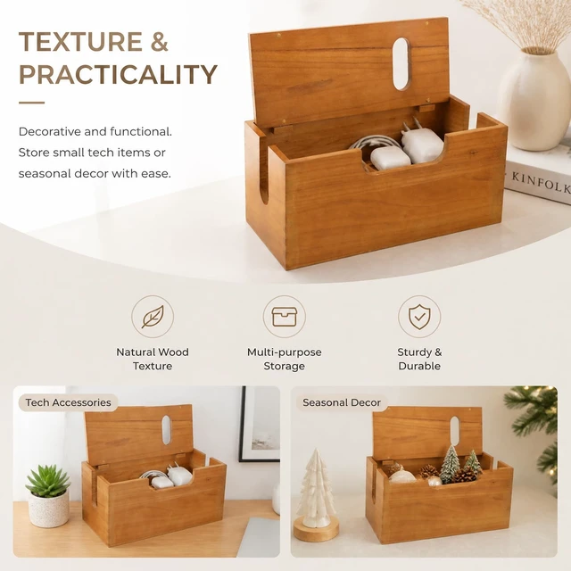 Alt view image 6 of 7 - Wood Cable Management Box, Acacia Wood Cord Organizer | Cable Storage Box with Magnetic Lid, Large Power Strip Holder for Desk, Floor and TV Wire Storage Home Office