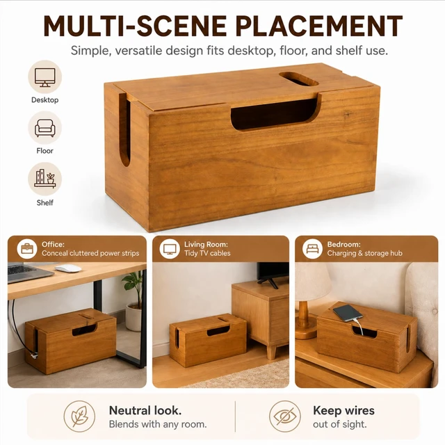 Alt view image 7 of 7 - Wood Cable Management Box, Acacia Wood Cord Organizer | Cable Storage Box with Magnetic Lid, Large Power Strip Holder for Desk, Floor and TV Wire Storage Home Office