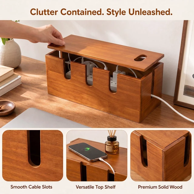 Alt view image 3 of 7 - Wood Cable Management Box, Power Strip Cord Organizer Box, for Electrical Hiding Cord Management, Desk Cable Storage Box for Home Office