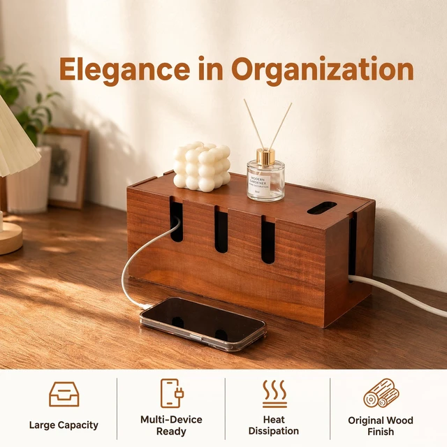 Alt view image 5 of 7 - Wood Cable Management Box, Power Strip Cord Organizer Box, for Electrical Hiding Cord Management, Desk Cable Storage Box for Home Office