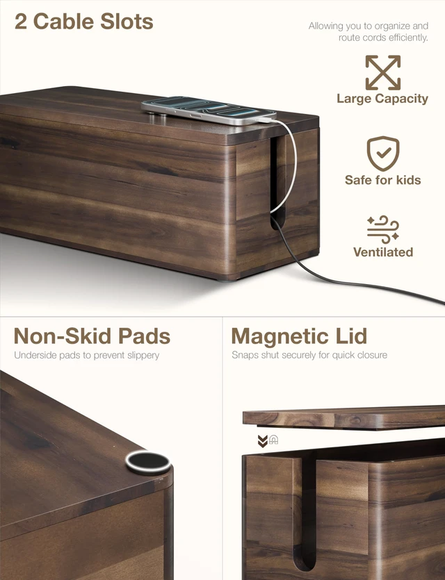 Alt view image 2 of 7 - Set 2 Wooden Large Cable Management Box Round Edge (Walnut Color) | Set of 2 Sizes, Cable Slots, Magnetic Lid, Non-Skid Pads, Solid Acacia Wood, Wooden Power Strip Box, Surge Protector Box