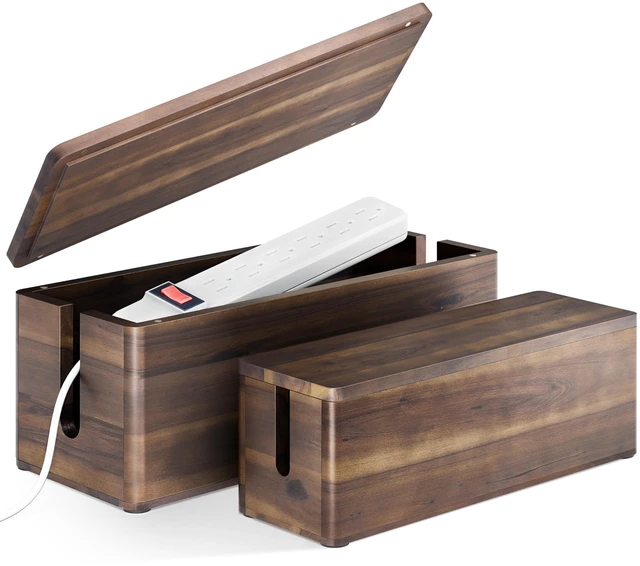 Main image of Set 2 Wooden Large Cable Management Box Round Edge (Walnut Color) | Set of 2 Sizes, Cable Slots, Magnetic Lid, Non-Skid Pads, Solid Acacia Wood, Wooden Power Strip Box, Surge Protector Box