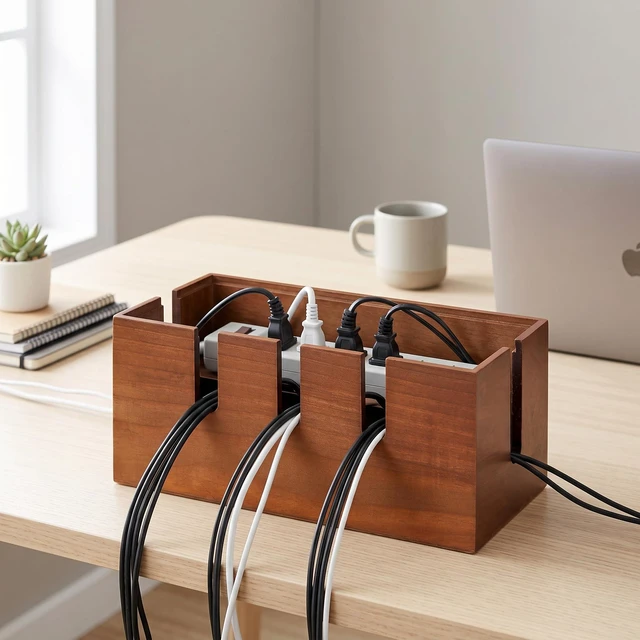 Alt view image 7 of 7 - Wood Cable Management Box, Power Strip Cord Organizer Box, for Electrical Hiding Cord Management, Desk Cable Storage Box for Home Office
