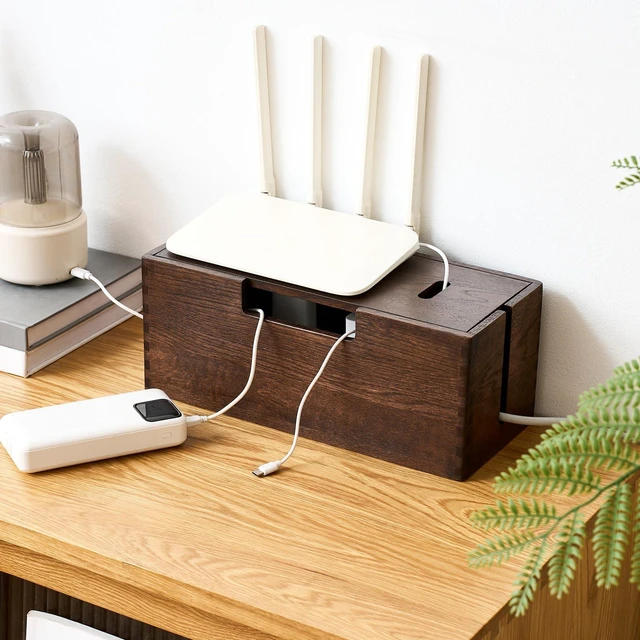 Alt view image 6 of 7 - Oak Wood Cable Management Box - Large Cord Hider & Organizer with Magnetic Lid for Desk & Floor Cables in Home Office, Living Room, Bedroom (Walnut)