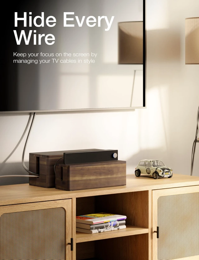 Alt view image 7 of 7 - Set 2 Wooden Large Cable Management Box Round Edge (Walnut Color) | Set of 2 Sizes, Cable Slots, Magnetic Lid, Non-Skid Pads, Solid Acacia Wood, Wooden Power Strip Box, Surge Protector Box