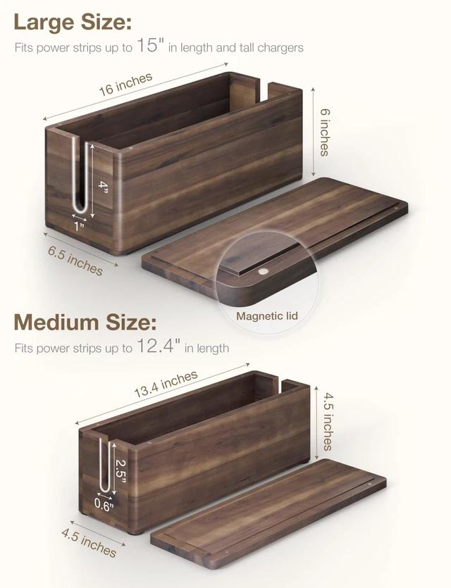 Alt view image 3 of 7 - Set 2 Wooden Large Cable Management Box Round Edge (Walnut Color) | Set of 2 Sizes, Cable Slots, Magnetic Lid, Non-Skid Pads, Solid Acacia Wood, Wooden Power Strip Box, Surge Protector Box