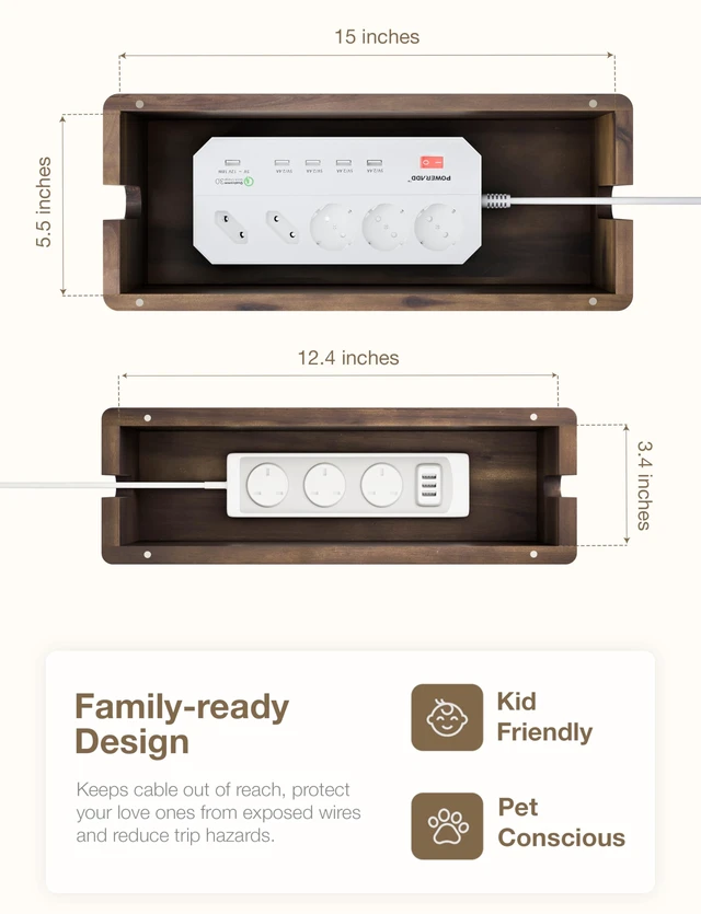 Alt view image 4 of 7 - Set 2 Wooden Large Cable Management Box Round Edge (Walnut Color) | Set of 2 Sizes, Cable Slots, Magnetic Lid, Non-Skid Pads, Solid Acacia Wood, Wooden Power Strip Box, Surge Protector Box