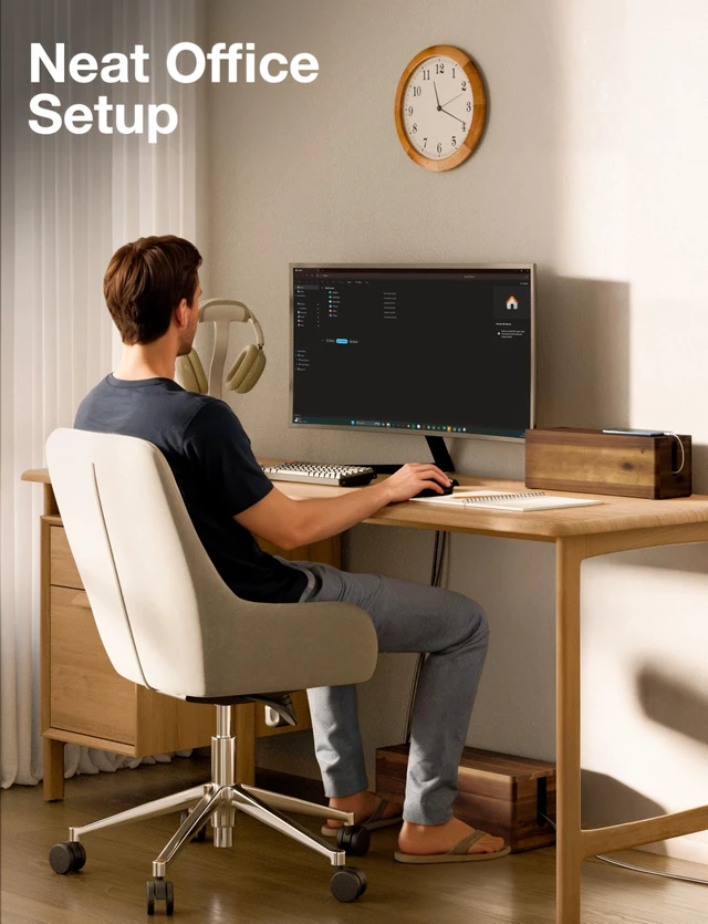 Alt view image 6 of 7 - Set 2 Wooden Large Cable Management Box Round Edge (Walnut Color) | Set of 2 Sizes, Cable Slots, Magnetic Lid, Non-Skid Pads, Solid Acacia Wood, Wooden Power Strip Box, Surge Protector Box
