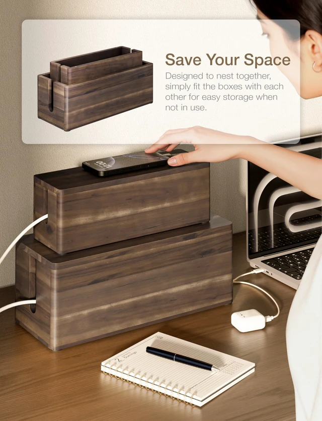 Alt view image 5 of 7 - Set 2 Wooden Large Cable Management Box Round Edge (Walnut Color) | Set of 2 Sizes, Cable Slots, Magnetic Lid, Non-Skid Pads, Solid Acacia Wood, Wooden Power Strip Box, Surge Protector Box