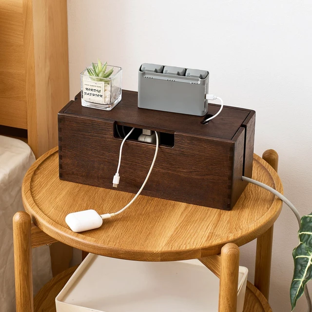Alt view image 7 of 7 - Oak Wood Cable Management Box - Large Cord Hider & Organizer with Magnetic Lid for Desk & Floor Cables in Home Office, Living Room, Bedroom (Walnut)
