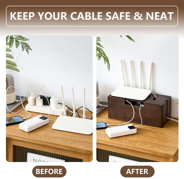 Alt view image 5 of 7 - Oak Wood Cable Management Box - Large Cord Hider & Organizer with Magnetic Lid for Desk & Floor Cables in Home Office, Living Room, Bedroom (Walnut)