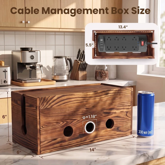 Alt view image 2 of 7 - 2 Pack Large Cable Management Box Wooden Cord Organizer Box for Power Strip, Surge Protector, Extension Cords, Chargers & Wires, Cable Hider Box for Desk