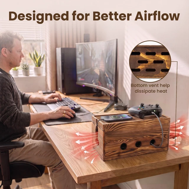 Alt view image 3 of 7 - 2 Pack Large Cable Management Box Wooden Cord Organizer Box for Power Strip, Surge Protector, Extension Cords, Chargers & Wires, Cable Hider Box for Desk
