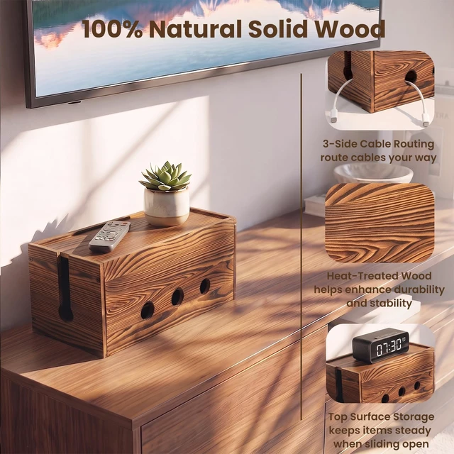 Alt view image 5 of 7 - 2 Pack Large Cable Management Box Wooden Cord Organizer Box for Power Strip, Surge Protector, Extension Cords, Chargers & Wires, Cable Hider Box for Desk