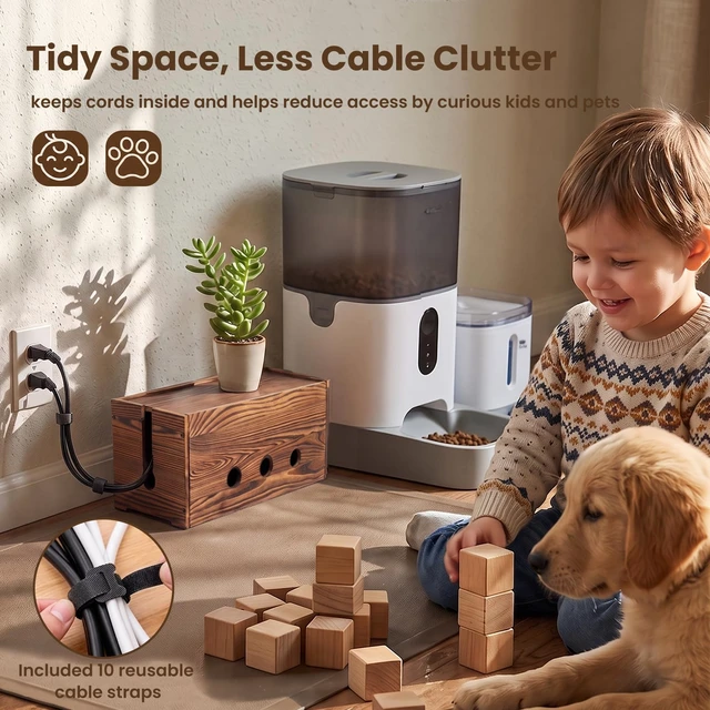 Alt view image 4 of 7 - 2 Pack Large Cable Management Box Wooden Cord Organizer Box for Power Strip, Surge Protector, Extension Cords, Chargers & Wires, Cable Hider Box for Desk