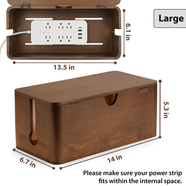 Alt view image 2 of 7 - Wood Cable Management Box, Large Cord Organizer Box for Power Strip | 14" L × 6.7" W × 5.3" H, Extension Cord Hider for Office, Desk Cable Storage Box for Wire Management, Floor Outlet Hider