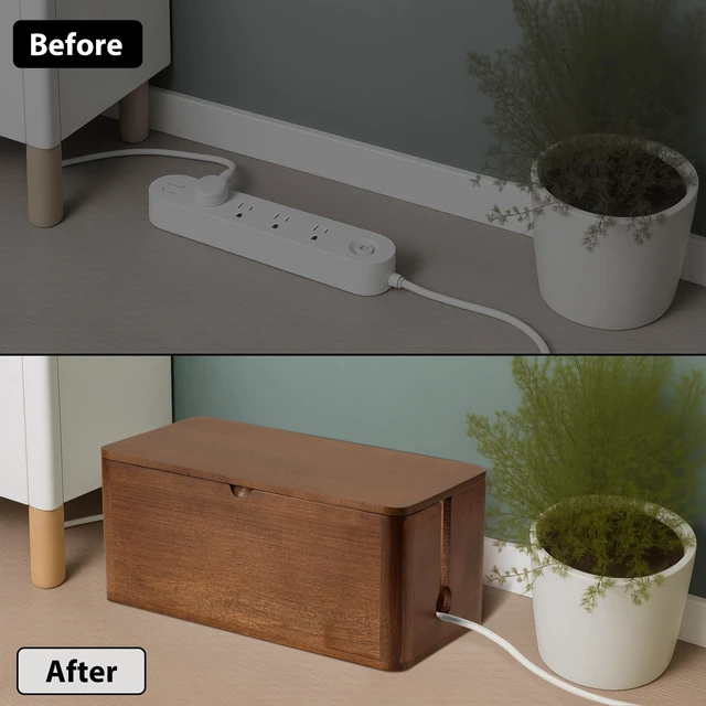 Alt view image 5 of 7 - Wood Cable Management Box, Large Cord Organizer Box for Power Strip | 14" L × 6.7" W × 5.3" H, Extension Cord Hider for Office, Desk Cable Storage Box for Wire Management, Floor Outlet Hider