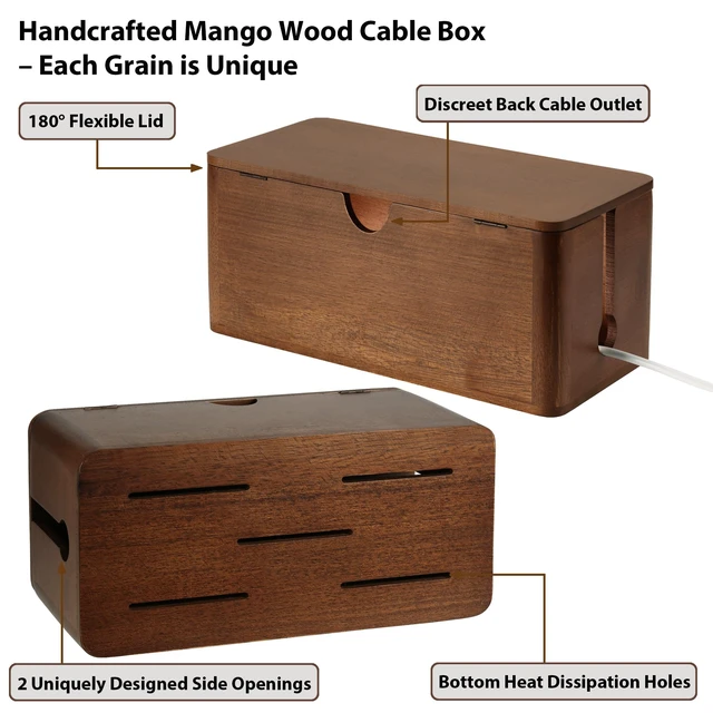 Alt view image 4 of 7 - Wood Cable Management Box, Large Cord Organizer Box for Power Strip | 14" L × 6.7" W × 5.3" H, Extension Cord Hider for Office, Desk Cable Storage Box for Wire Management, Floor Outlet Hider