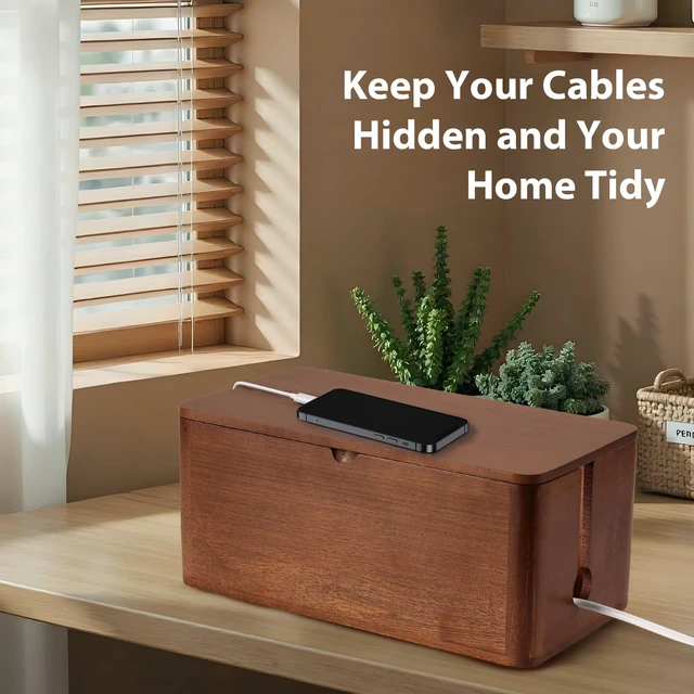 Alt view image 7 of 7 - Wood Cable Management Box, Large Cord Organizer Box for Power Strip | 14" L × 6.7" W × 5.3" H, Extension Cord Hider for Office, Desk Cable Storage Box for Wire Management, Floor Outlet Hider