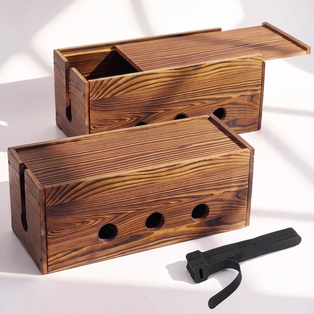 Main image of 2 Pack Large Cable Management Box Wooden Cord Organizer Box for Power Strip, Surge Protector, Extension Cords, Chargers & Wires, Cable Hider Box for Desk