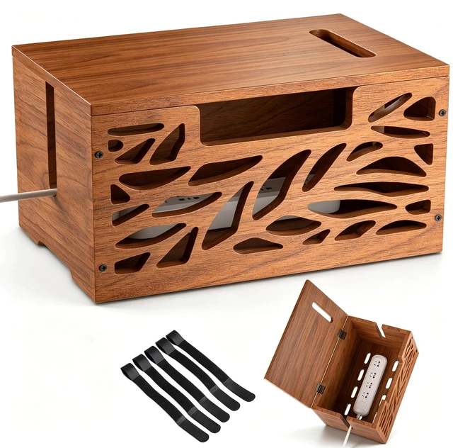 Main image of Wooden Cable Management Box, Large Cord Hider Box, Cord Box | Cable Organizer Box for Power Strips, Electrical Cords, Desk & Floor Cables Suitable for Home & Office