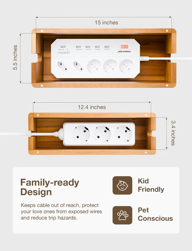 Alt view image 3 of 7 - Set 2 Sizes Wooden Cable Management Box Round Edge, Magnetic Lid | Large & Small Size, Cable Slots, Magnetic Lid, Non-Skid Pads, Solid Acacia Wood, Wooden Power Strip Box, Surge Protector Box