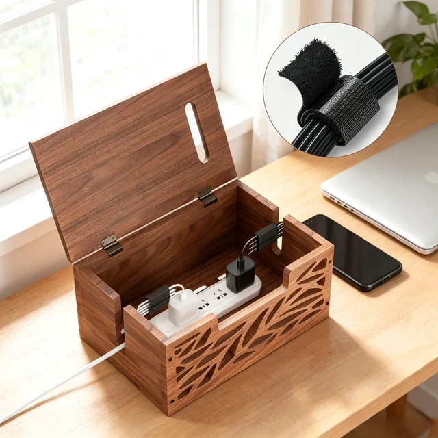 Alt view image 2 of 7 - Wooden Cable Management Box, Large Cord Hider Box, Cord Box | Cable Organizer Box for Power Strips, Electrical Cords, Desk & Floor Cables Suitable for Home & Office