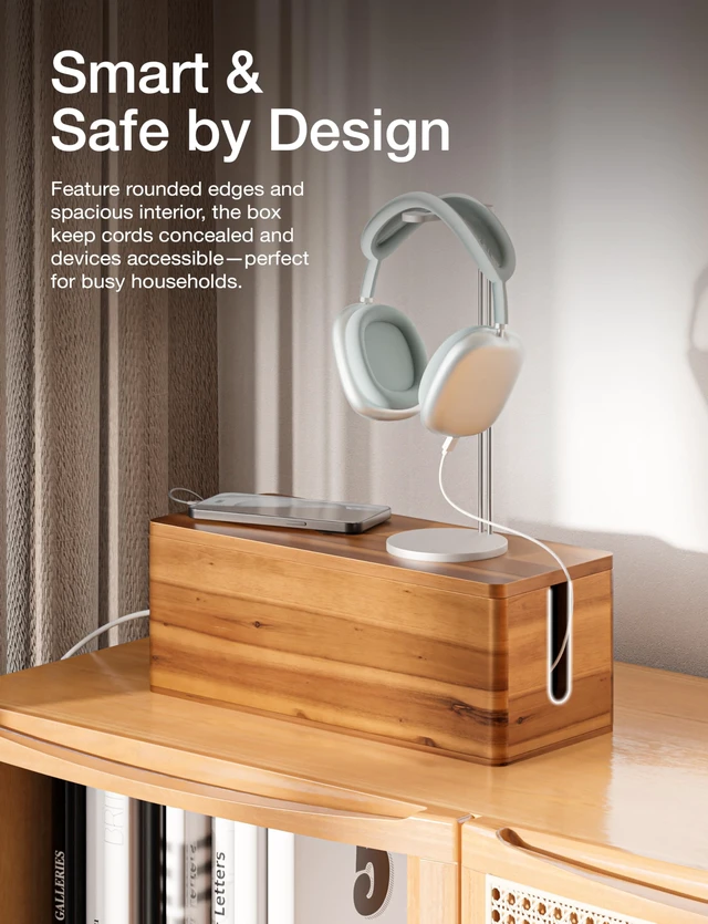 Alt view image 5 of 7 - Set 2 Sizes Wooden Cable Management Box Round Edge, Magnetic Lid | Large & Small Size, Cable Slots, Magnetic Lid, Non-Skid Pads, Solid Acacia Wood, Wooden Power Strip Box, Surge Protector Box