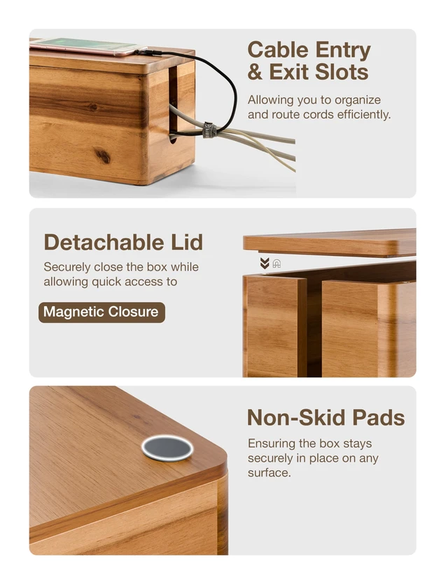 Alt view image 4 of 7 - Set 2 Sizes Wooden Cable Management Box Round Edge, Magnetic Lid | Large & Small Size, Cable Slots, Magnetic Lid, Non-Skid Pads, Solid Acacia Wood, Wooden Power Strip Box, Surge Protector Box