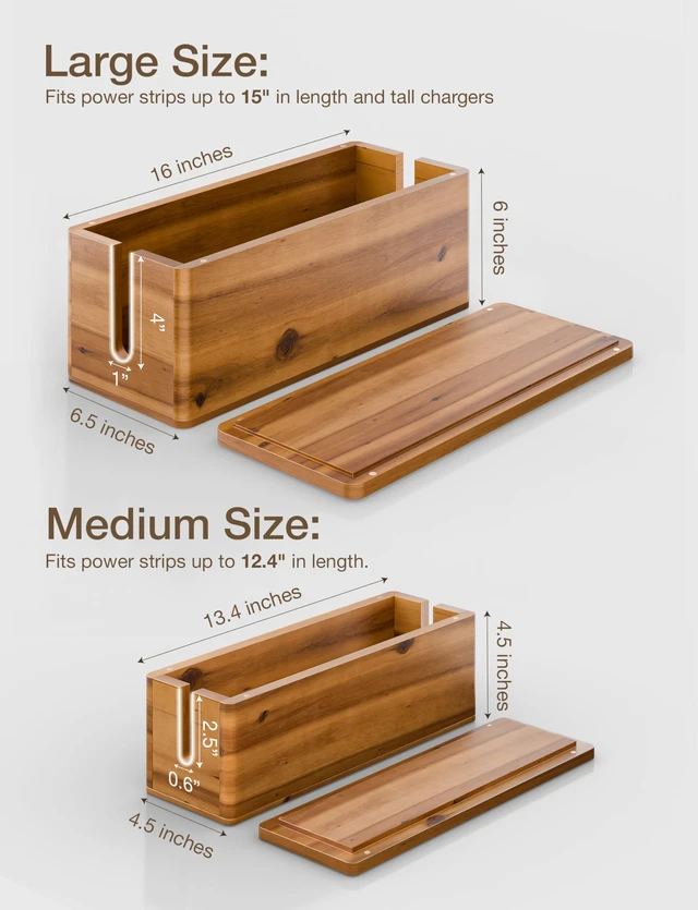 Alt view image 2 of 7 - Set 2 Sizes Wooden Cable Management Box Round Edge, Magnetic Lid | Large & Small Size, Cable Slots, Magnetic Lid, Non-Skid Pads, Solid Acacia Wood, Wooden Power Strip Box, Surge Protector Box