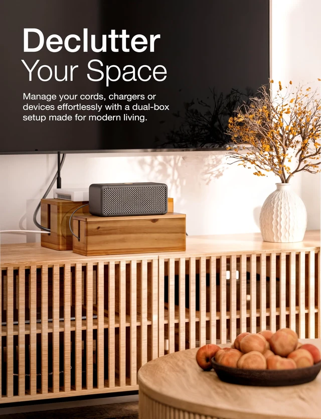 Alt view image 7 of 7 - Set 2 Sizes Wooden Cable Management Box Round Edge, Magnetic Lid | Large & Small Size, Cable Slots, Magnetic Lid, Non-Skid Pads, Solid Acacia Wood, Wooden Power Strip Box, Surge Protector Box