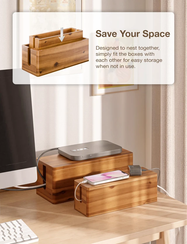 Alt view image 6 of 7 - Set 2 Sizes Wooden Cable Management Box Round Edge, Magnetic Lid | Large & Small Size, Cable Slots, Magnetic Lid, Non-Skid Pads, Solid Acacia Wood, Wooden Power Strip Box, Surge Protector Box