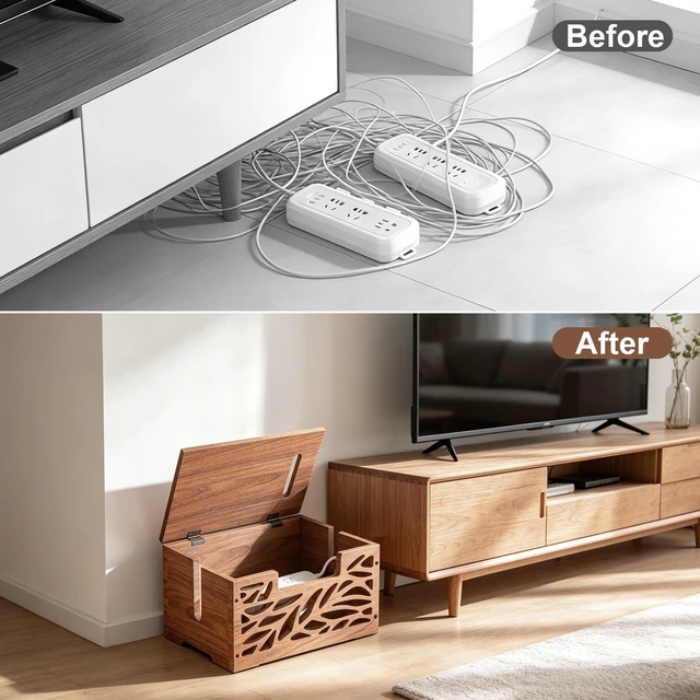 Alt view image 6 of 7 - Wooden Cable Management Box, Large Cord Hider Box, Cord Box | Cable Organizer Box for Power Strips, Electrical Cords, Desk & Floor Cables Suitable for Home & Office