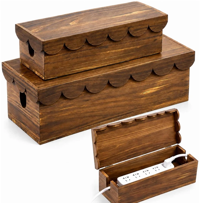 Main image of 2 Pcs Wooden Cable Management Box Scalloped Edge | Wood Cord Cable Organizer Box with Lid, 2 Open Slots Cord Basket for Power Strips & TV Wires, Desk, Floor, Office